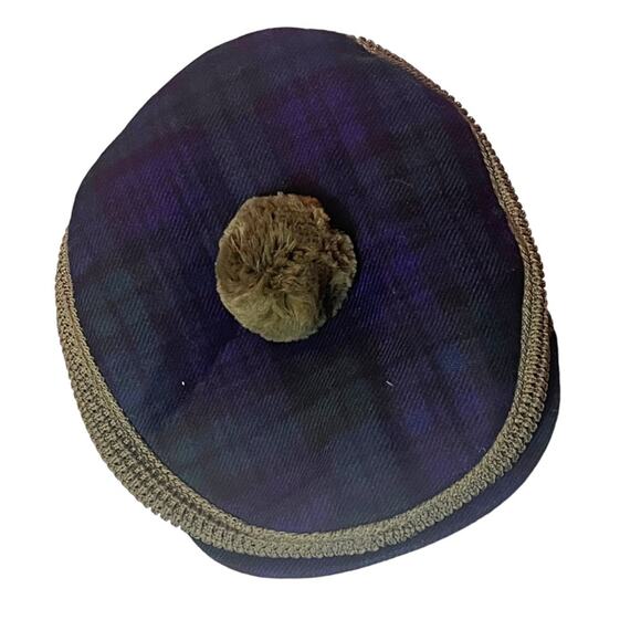 Scottish Tam Blue and Green Plaid Wool Golfing Driving Hat Knit With Pom Pom - Picture 4 of 11